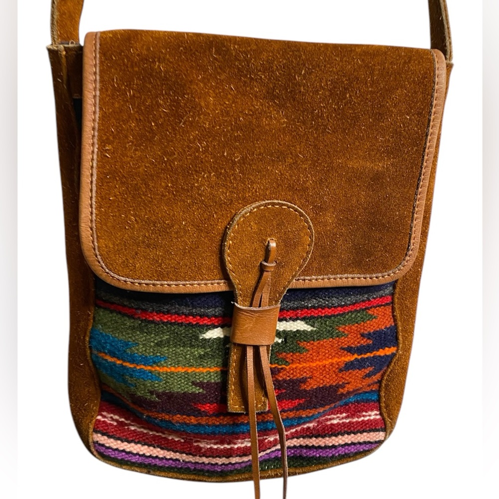 Brown Suede Crossbody Bag with Colorful Pattern
